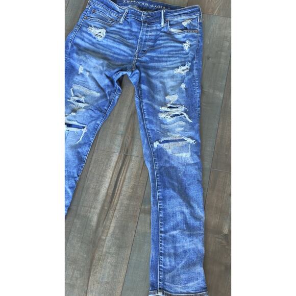 American Eagle Men’s 33x32 Distressed Ripped Slim Jeans Y2K Grunge Denim Pants - Picture 3 of 10